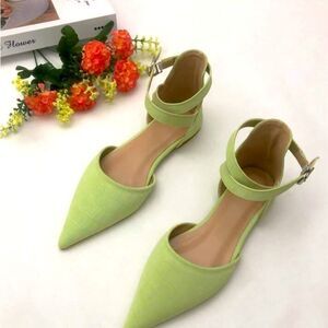 NIB Mint green croc print faux leather ankle straps flat shoes pointed toe EUR42